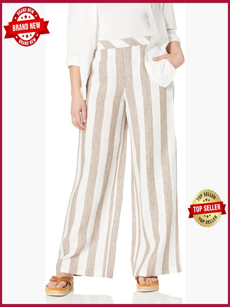 Wide Leg Linen Pants, Mid Rise, Pull On, Striped, Casual, Spring Wear